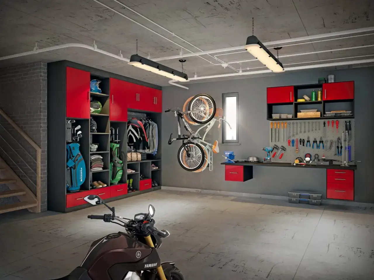 Am&eacute;nagement garage 15m2 : rangement optimis&eacute; pour v&eacute;los, motos, et &eacute;quipements de sport. Atelier fonctionnel avec outils et rangements muraux.
