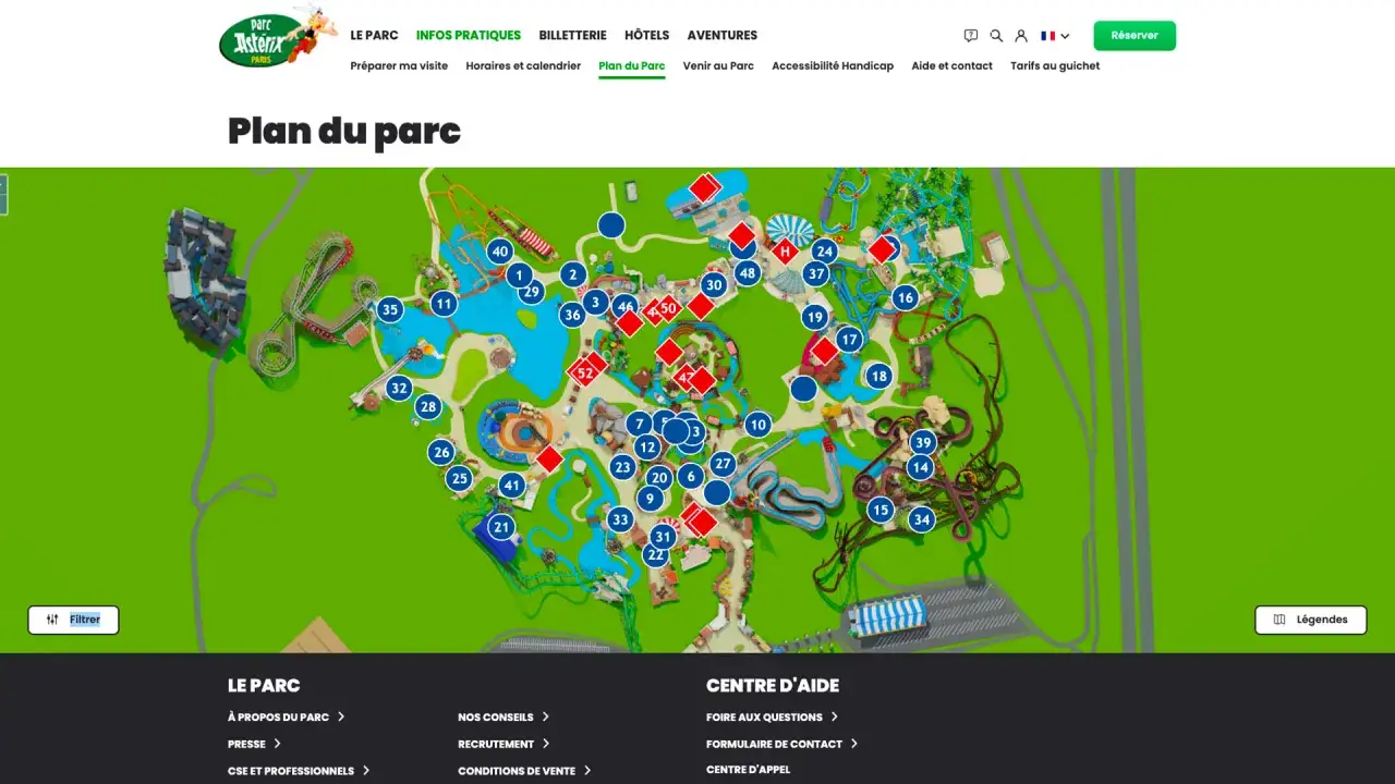 Plan du parc Astérix. Carte interactive des attractions avec indications de taille minimum pour certaines.