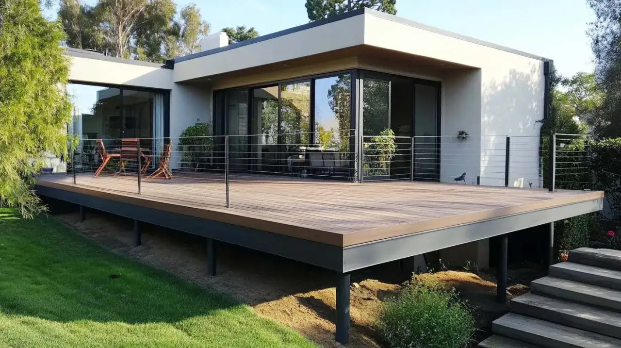 Une terrasse sur pilotis moderne en bois, avec garde-corps en c&acirc;ble, s'avance sur une pelouse verdoyante. Des meubles de jardin invitent &agrave; la d&eacute;tente.