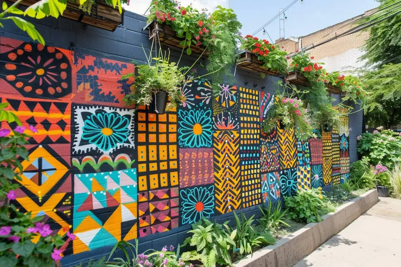 Mur extérieur coloré avec des motifs géométriques et floraux, une excellente idée déco mur extérieur jardin. Des plantes suspendues ajoutent de la verdure.