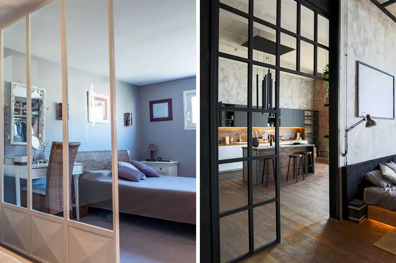 Séparer une chambre en deux avec une seule fenêtre : une verrière style industriel sépare une cuisine d'un coin chambre.