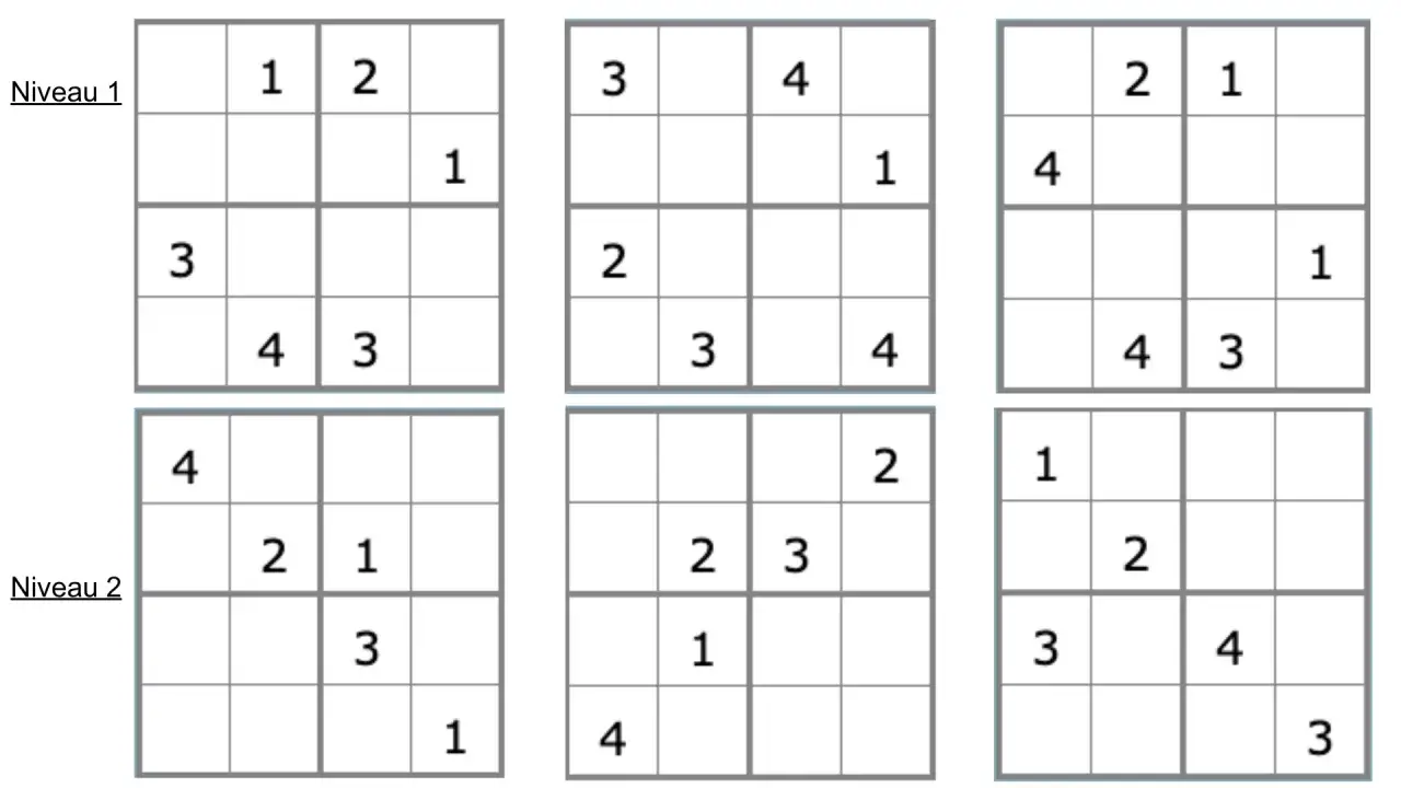 Six grilles de sudoku enfant à imprimer, deux niveaux de difficulté.