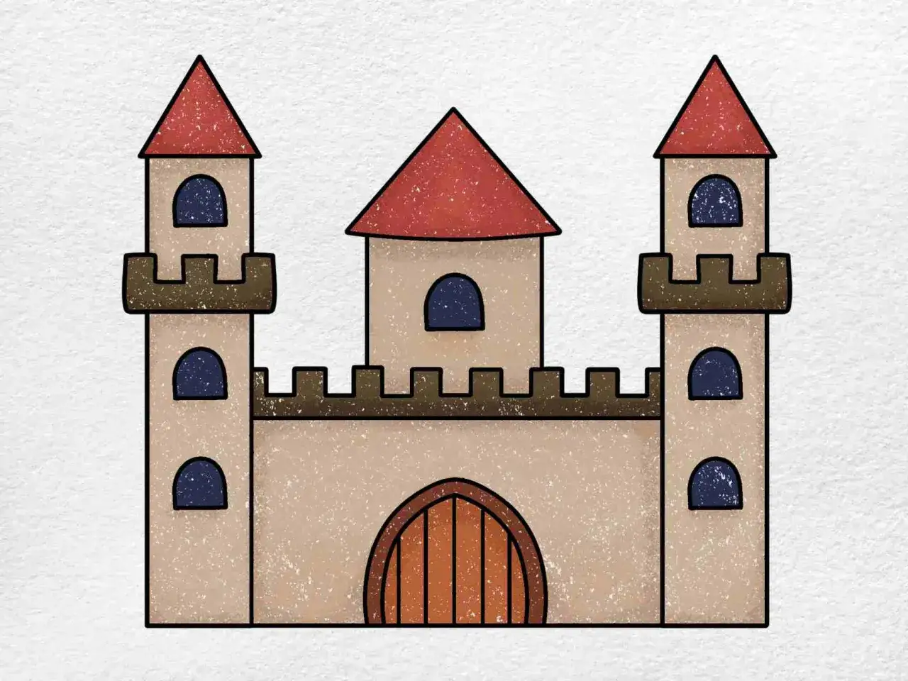 Un dessin chateau fort avec deux tours, une porte en bois et des fen&ecirc;tres bleues.