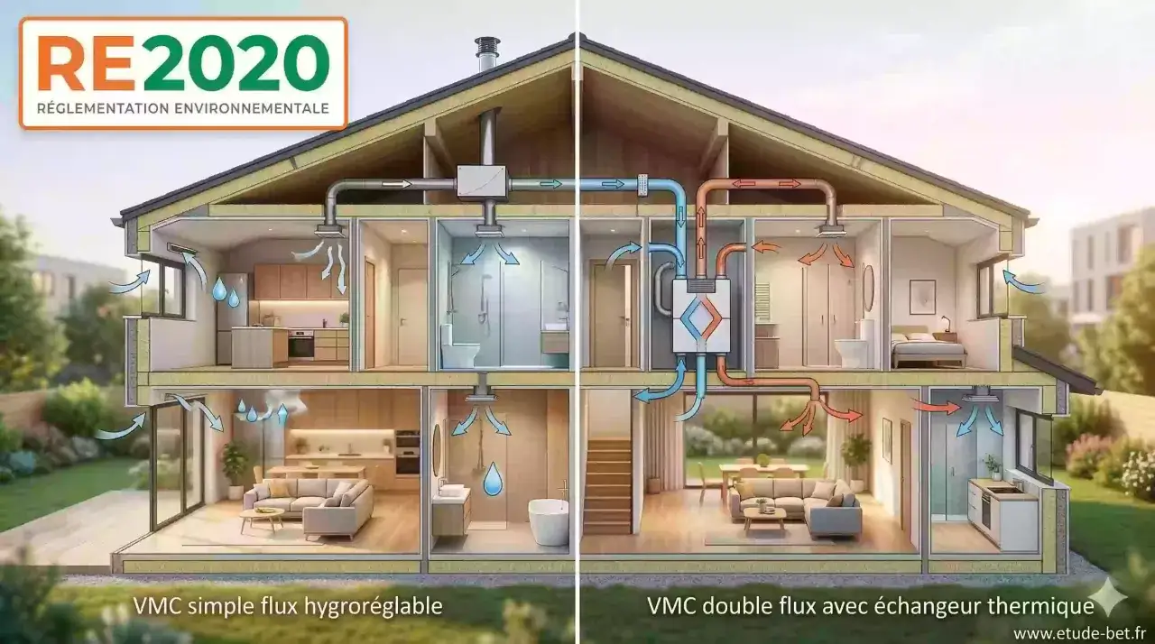 Comparaison VMC simple flux hygroréglable et VMC double flux avec échangeur thermique pour la RE2020.