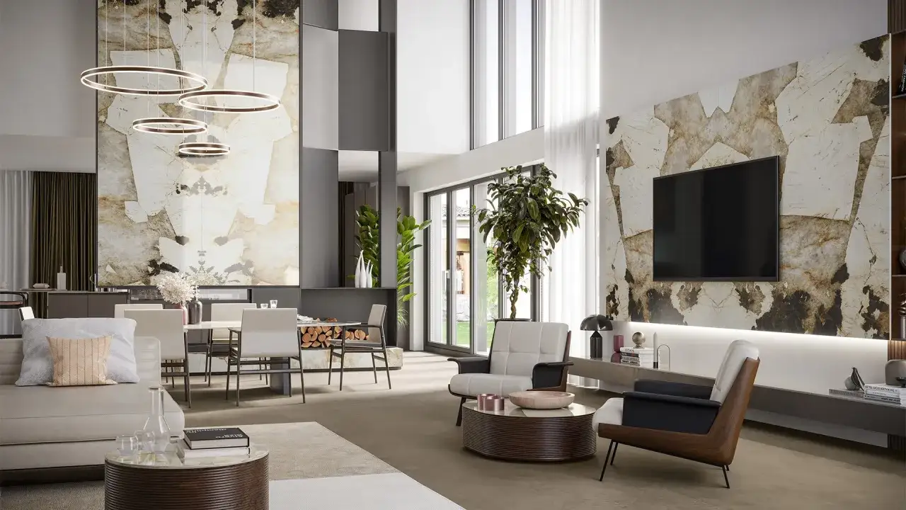 Élégante déco salon salle à manger avec des murs en marbre, des luminaires circulaires et un mobilier moderne.