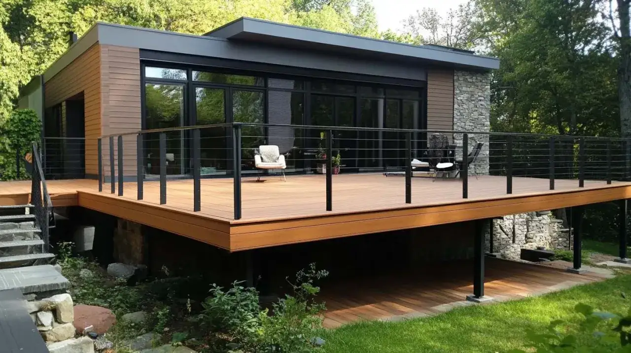 Une terrasse sur pilotis moderne s'&eacute;tend devant une maison aux lignes &eacute;pur&eacute;es, offrant un espace ext&eacute;rieur invitant.