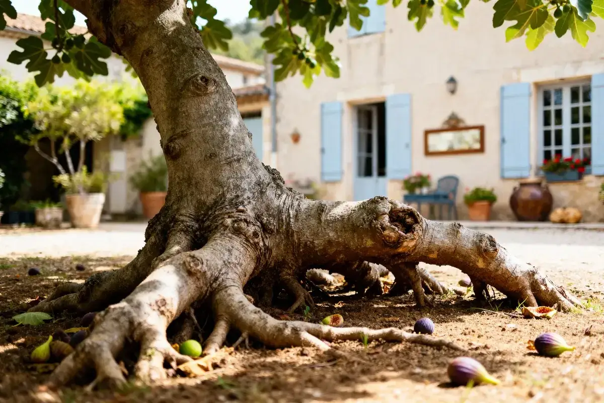 Gros plan sur les racines d'un figuier, quelques figues tombées au sol. L'inconvénient du figuier : ses racines envahissantes peuvent gêner.