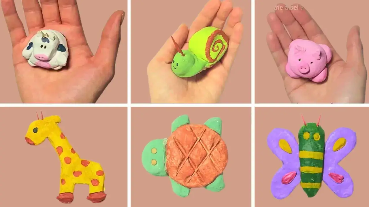 Collection de petits animaux en pâte à sel : vache, escargot, cochon, girafe, tortue et papillon.