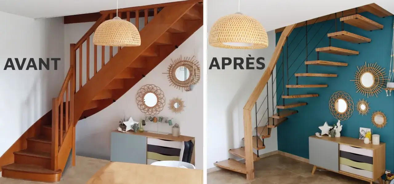 Avant/Apr&egrave;s : un escalier en bois transform&eacute; pour rajeunir l'espace. Les marches en bois flottant et la rampe moderne donnent un nouveau souffle.