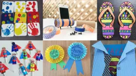 Idées de bricolage anniversaire papa facile : empreintes, super-héros, badges et porte-téléphone.