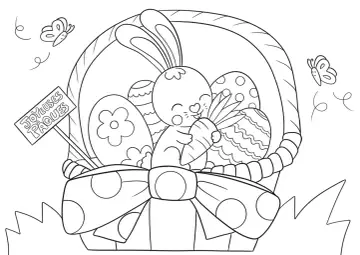 Un adorable lapin tient une carotte dans un panier rempli d'œufs décorés. Un panneau "Joyeuses Pâques" et des papillons complètent ce dessin de Pâques.