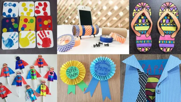 Idées de bricolage anniversaire papa facile : empreintes, super-héros, badges et porte-téléphone.