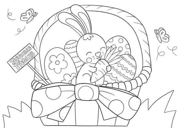 Un adorable lapin tient une carotte dans un panier rempli d'œufs décorés. Un panneau "Joyeuses Pâques" et des papillons complètent ce dessin de Pâques.