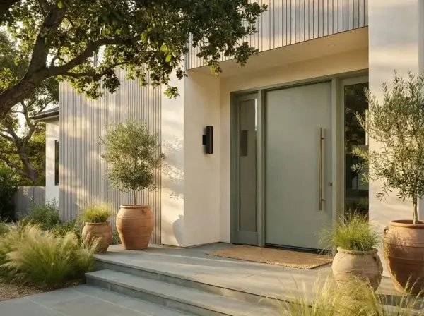 Porte d'entrée moderne couleur sauge, avec des oliviers en pot et des graminées. L'architecture épurée et la lumière douce créent une ambiance accueillante.