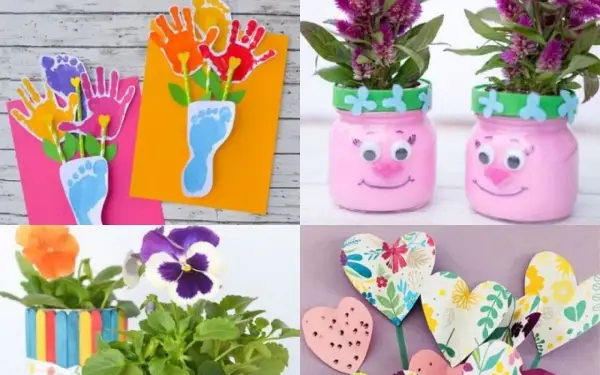 Idées de bricolage fête des mères pour tout petit : cartes empreintes de mains et pieds, pots de fleurs rigolos, décorations en cœur.