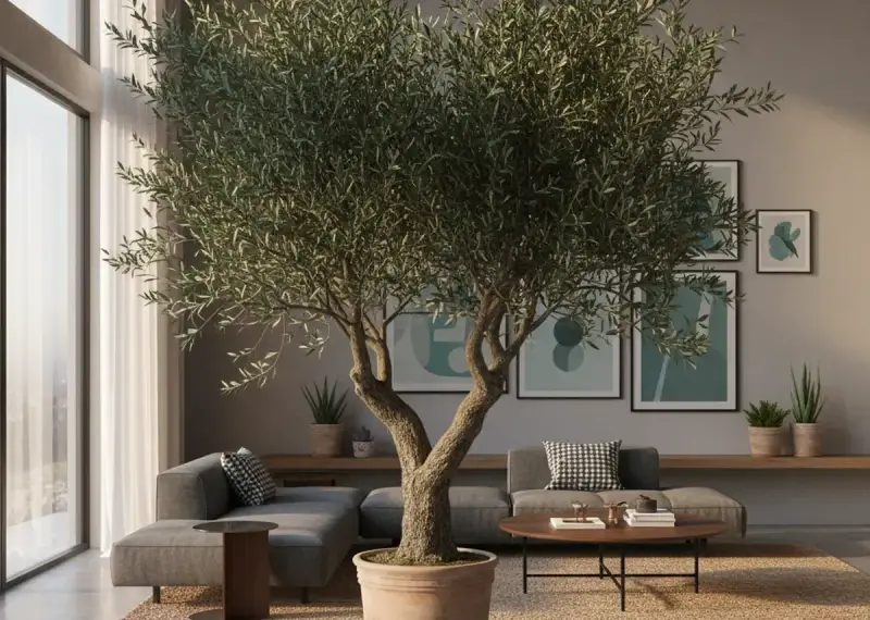 Un grand olivier en pot intérieur trône au milieu d'un salon moderne. Des canapés gris, des tableaux abstraits et une grande fenêtre complètent la scène.