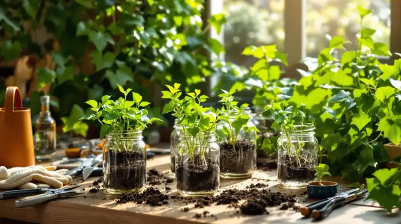 Jeunes pousses de lierre en pot dans des bocaux en verre, sur une table en bois, avec des outils de jardinage.